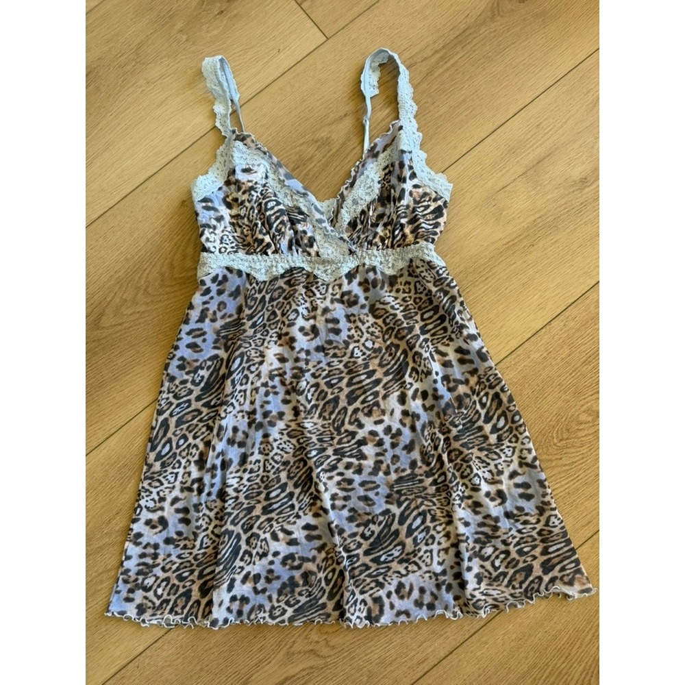 Hanky Panky Leopard Print Mesh‎ Chemise Blue Lace Empire Waist Mini Nightgown